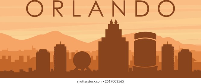 Póster panorámico marrón del horizonte de la ciudad con edificios de fondo brumoso, amanecer, nubes y montañas de ORLANDO, ESTADOS UNIDOS