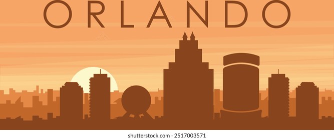 Póster panorámico marrón del horizonte de la ciudad con edificios de fondo brumoso, amanecer, nubes y montañas de ORLANDO, ESTADOS UNIDOS