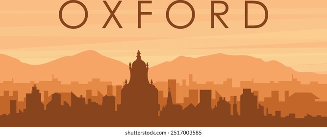 Brown panoramic poster of the city skyline with misty background buildings, sunrise, clouds and mountains of OXFORD, UNITED KINGDOM