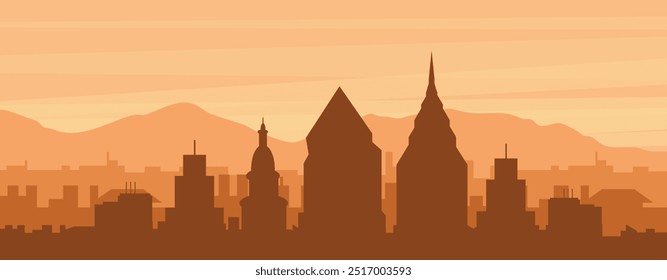 Brown panoramic poster of the city skyline with misty background buildings, sunrise, clouds and mountains of PHILADELPHIA, UNITED STATES