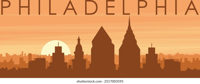 Brown panoramic poster of the city skyline with misty background buildings, sunrise, clouds and mountains of PHILADELPHIA, UNITED STATES