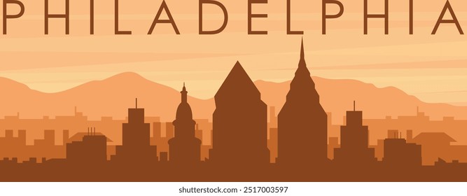 Brown panoramic poster of the city skyline with misty background buildings, sunrise, clouds and mountains of PHILADELPHIA, UNITED STATES