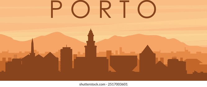 Brown panoramic poster of the city skyline with misty background buildings, sunrise, clouds and mountains of PORTO, PORTUGAL