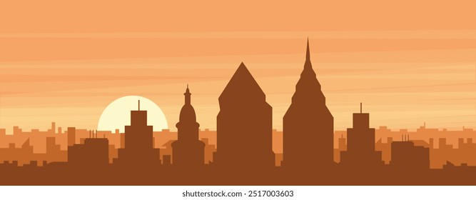 Brown panoramic poster of the city skyline with misty background buildings, sunrise, clouds and mountains of PHILADELPHIA, UNITED STATES