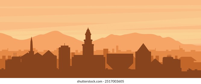 Brown panoramic poster of the city skyline with misty background buildings, sunrise, clouds and mountains of PORTO, PORTUGAL