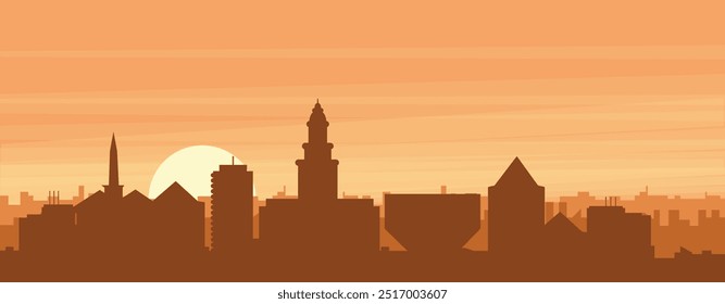 Brown panoramic poster of the city skyline with misty background buildings, sunrise, clouds and mountains of PORTO, PORTUGAL