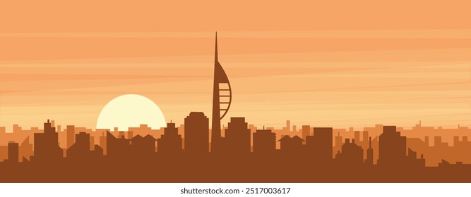 Brown panoramic poster of the city skyline with misty background buildings, sunrise, clouds and mountains of PORTSMOUTH, UNITED KINGDOM