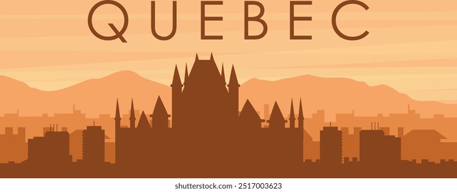 Brown panoramic poster of the city skyline with misty background buildings, sunrise, clouds and mountains of QUEBEC, CANADA