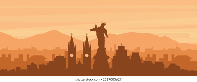 Brown panoramic poster of the city skyline with misty background buildings, sunrise, clouds and mountains of QUITO, ECUADOR