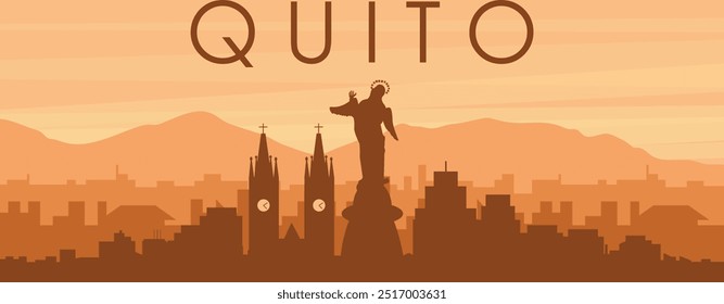 Brown panoramic poster of the city skyline with misty background buildings, sunrise, clouds and mountains of QUITO, ECUADOR