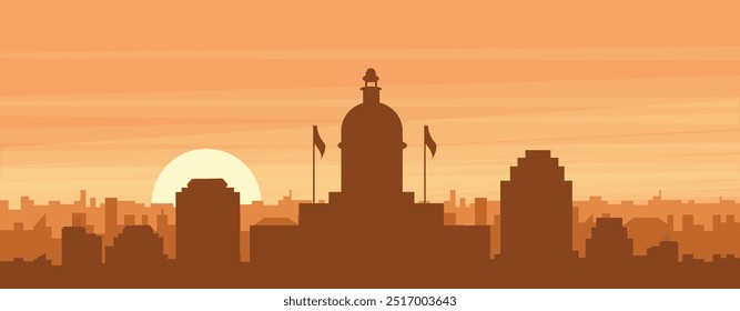 Brown panoramic poster of the city skyline with misty background buildings, sunrise, clouds and mountains of REGINA, CANADA