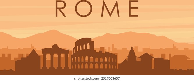 Brown panoramic poster of the city skyline with misty background buildings, sunrise, clouds and mountains of ROME, ITALY