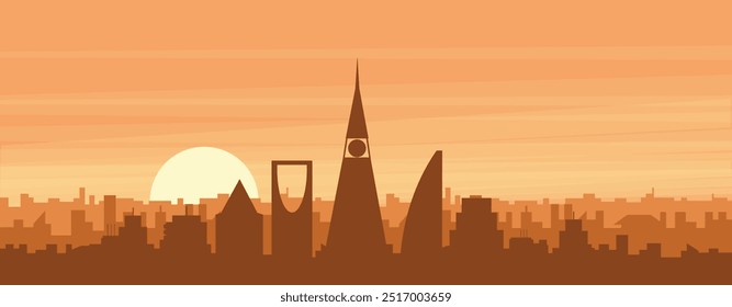 Brown panoramic poster of the city skyline with misty background buildings, sunrise, clouds and mountains of RIYADH, SAUDI ARABIA