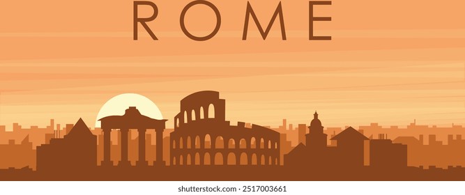 Brown panoramic poster of the city skyline with misty background buildings, sunrise, clouds and mountains of ROME, ITALY