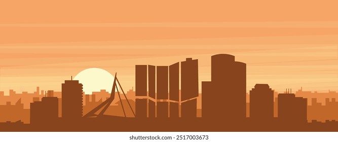 Cartel panorámico marrón del horizonte de la ciudad con edificios de fondo brumoso, amanecer, nubes y montañas de ROTTERDAM, PAÍSES BAJOS