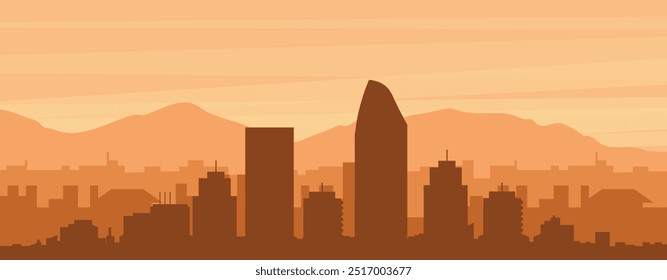 Brown panoramic poster of the city skyline with misty background buildings, sunrise, clouds and mountains of SAN DIEGO, UNITED STATES