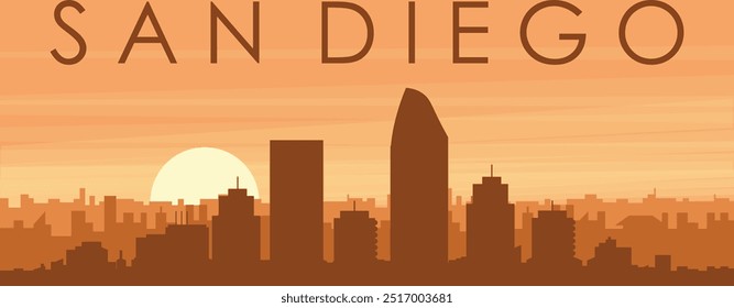 Brown panoramic poster of the city skyline with misty background buildings, sunrise, clouds and mountains of SAN DIEGO, UNITED STATES