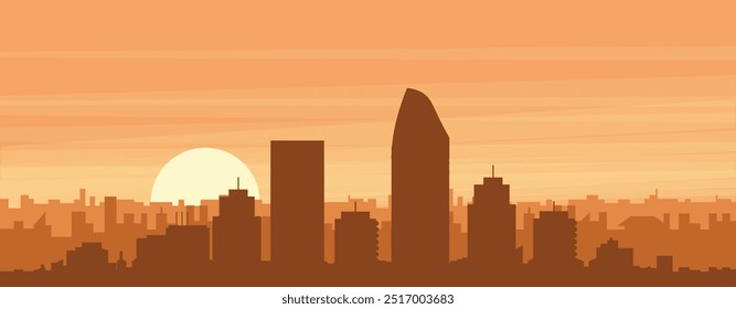 Brown panoramic poster of the city skyline with misty background buildings, sunrise, clouds and mountains of SAN DIEGO, UNITED STATES