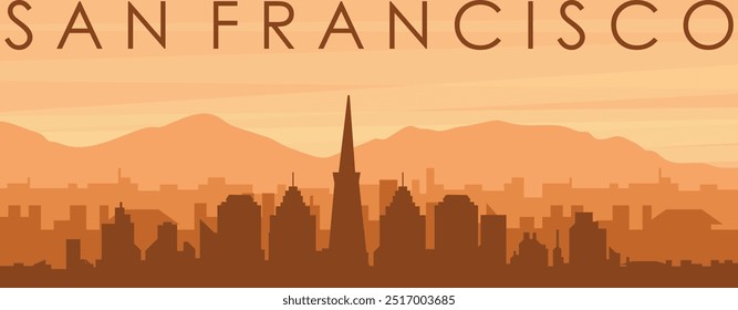 Cartaz panorâmico marrom do horizonte da cidade com edifícios de fundo nebulosos, nascer do sol, nuvens e montanhas de SAN FRANCISCO, ESTADOS UNIDOS