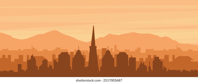 Brown panoramic poster of the city skyline with misty background buildings, sunrise, clouds and mountains of SAN FRANCISCO, UNITED STATES