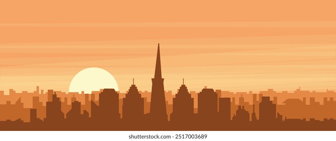 Brown panoramic poster of the city skyline with misty background buildings, sunrise, clouds and mountains of SAN FRANCISCO, UNITED STATES