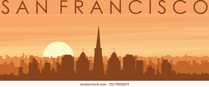 Brown panoramic poster of the city skyline with misty background buildings, sunrise, clouds and mountains of SAN FRANCISCO, UNITED STATES