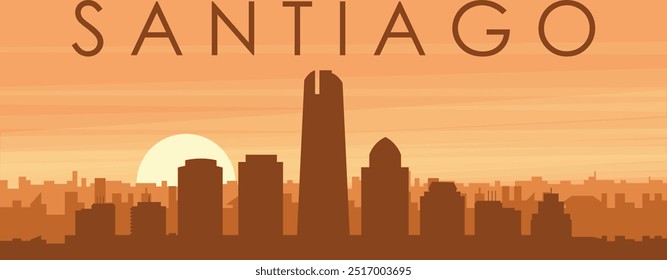 Brown panoramic poster of the city skyline with misty background buildings, sunrise, clouds and mountains of SANTIAGO, CHILE