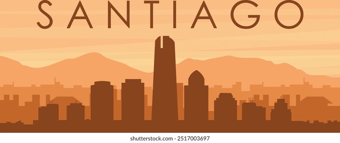 Brown panoramic poster of the city skyline with misty background buildings, sunrise, clouds and mountains of SANTIAGO, CHILE
