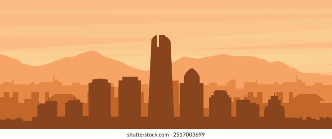 Brown panoramic poster of the city skyline with misty background buildings, sunrise, clouds and mountains of SANTIAGO, CHILE