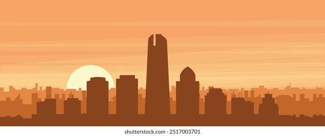 Brown panoramic poster of the city skyline with misty background buildings, sunrise, clouds and mountains of SANTIAGO, CHILE