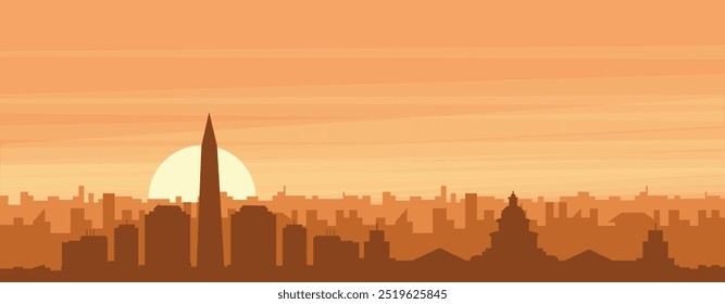 Brown panoramic poster of the city skyline with misty background buildings, sunrise, clouds and mountains of WASHINGTON DC, UNITED STATES