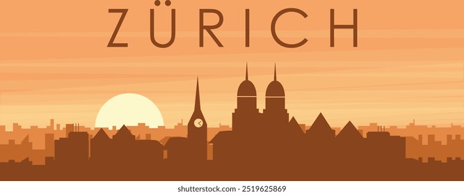 Brown panoramic poster of the city skyline with misty background buildings, sunrise, clouds and mountains of ZURICH, SWITZERLAND