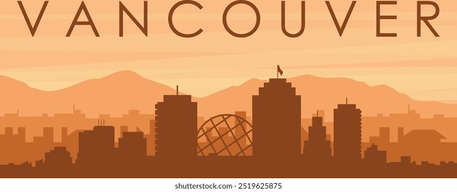 Braunes Panorama-Poster der Skyline der Stadt mit nebeligen Hintergrundgebäuden, Sonnenaufgang, Wolken und Bergen von VANCOUVER, KANADA