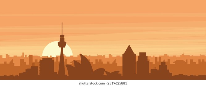 Brown panoramic poster of the city skyline with misty background buildings, sunrise, clouds and mountains of SYDNEY, AUSTRALIA