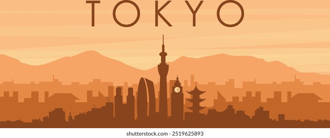 Brown panoramic poster of the city skyline with misty background buildings, sunrise, clouds and mountains of TOKYO, JAPAN