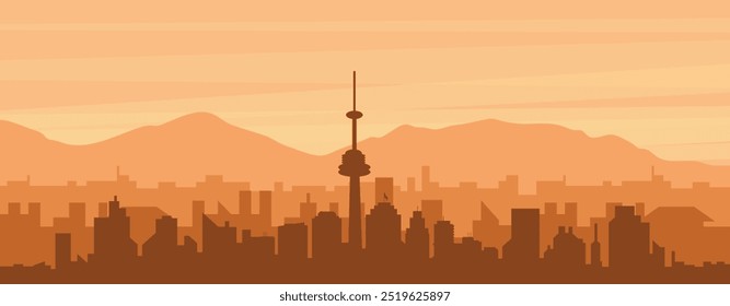 Brown panoramic poster of the city skyline with misty background buildings, sunrise, clouds and mountains of TORONTO, CANADA