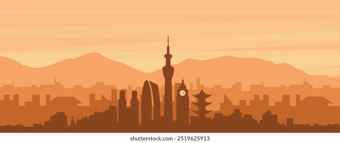Brown panoramic poster of the city skyline with misty background buildings, sunrise, clouds and mountains of TOKYO, JAPAN