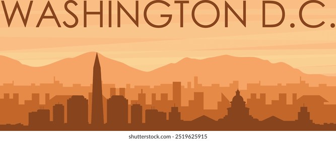 Brown panoramic poster of the city skyline with misty background buildings, sunrise, clouds and mountains of WASHINGTON DC, UNITED STATES