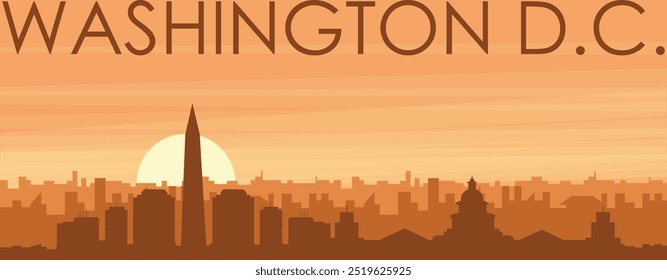 Brown panoramic poster of the city skyline with misty background buildings, sunrise, clouds and mountains of WASHINGTON DC, UNITED STATES