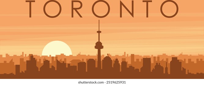 Brown panoramic poster of the city skyline with misty background buildings, sunrise, clouds and mountains of TORONTO, CANADA