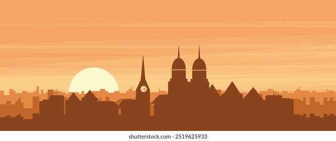 Brown panoramic poster of the city skyline with misty background buildings, sunrise, clouds and mountains of ZURICH, SWITZERLAND