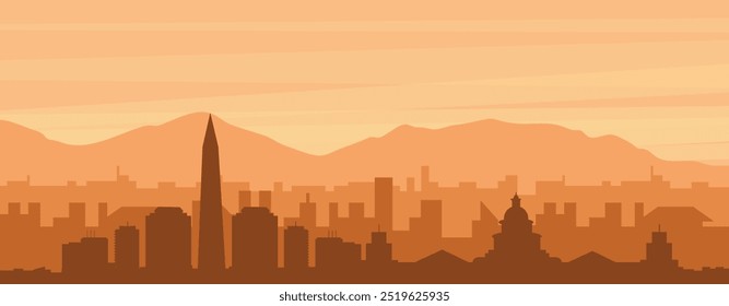 Brown panoramic poster of the city skyline with misty background buildings, sunrise, clouds and mountains of WASHINGTON DC, UNITED STATES