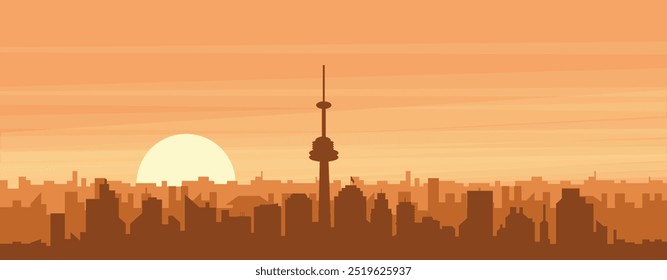 Brown panoramic poster of the city skyline with misty background buildings, sunrise, clouds and mountains of TORONTO, CANADA