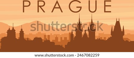 Brown panoramic poster of the city skyline with misty background buildings, sunrise, clouds and mountains of PRAGUE, CZECH REPUBLIC