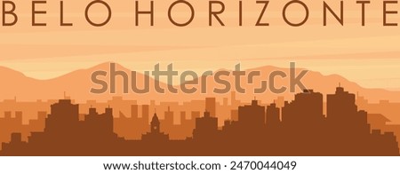 Brown panoramic poster of the city skyline with misty background buildings, sunrise, clouds and mountains of BELO HORIZONTE, BRAZIL
