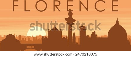 Brown panoramic poster of the city skyline with misty background buildings, sunrise, clouds and mountains of FLORENCE (FIRENZE), ITALY