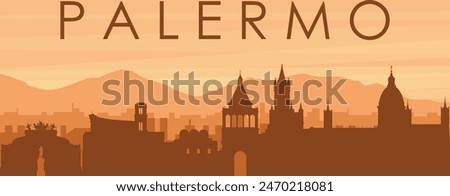 Brown panoramic poster of the city skyline with misty background buildings, sunrise, clouds and mountains of PALERMO, ITALY