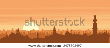 Brown panoramic poster of the city skyline with misty background buildings, sunrise, clouds and mountains of PORTO, PORTUGAL