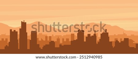 Brown panoramic poster of the city skyline with misty background buildings, sunrise, clouds and mountains of DETROIT, UNITED STATES