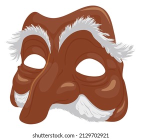 Brown Pantalone mask with aged expression, bushy eyebrows, mustache and big nose in cartoon style over white background.